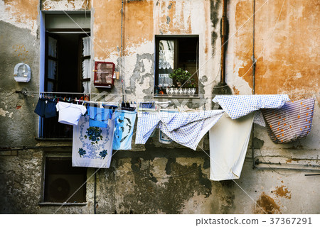hanging clothes in the old town of Cagliari, Italy 37367291