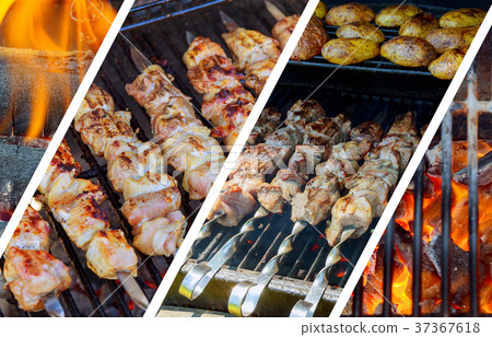 图库照片: barbecue kebabs on the hot grill close-up.