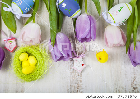 Bouquet purple tulips and Easter eggs 37372670