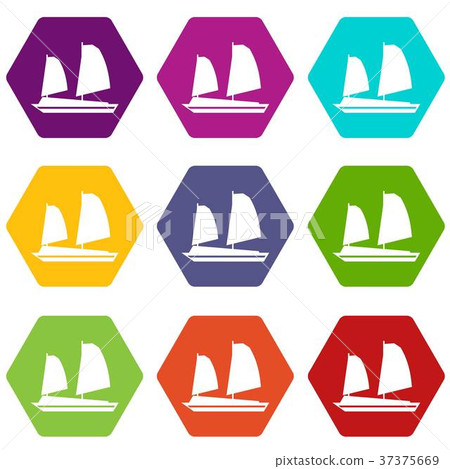 Vietnamese junk boat icon set color hexahedron 37375669