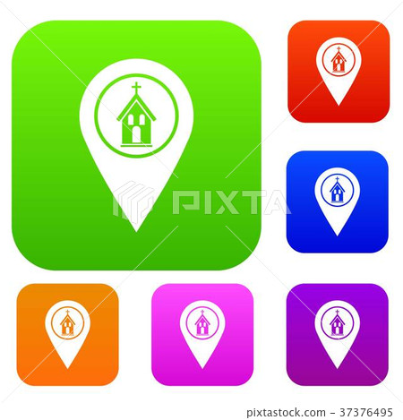 Map pointer with church set color collection Map pointer with church set color collection 37376495