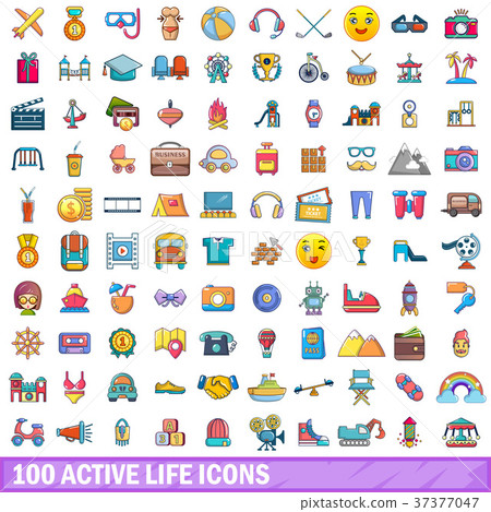 100 active life icons set, cartoon style 100 active life icons set, cartoon style 37377047