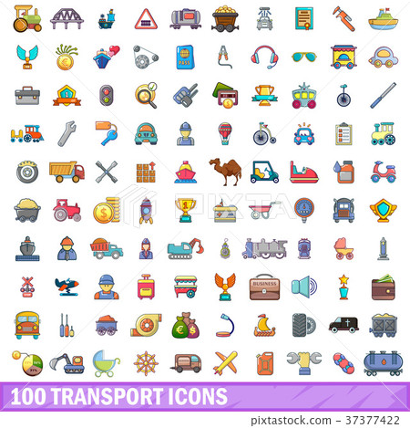 100 transport icons set, cartoon style 100 transport icons set, cartoon style 37377422