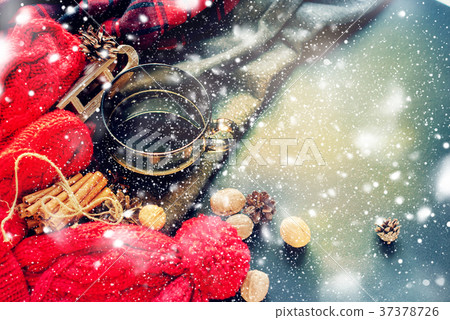 Cup Hot Tea Steam Red Knitted Cloth Winter Time Cup Hot Tea Steam Red Knitted Cloth Winter Time 37378726
