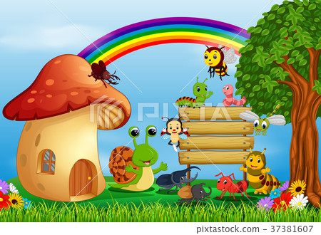 many insect and a mushroom house in forest many insect and a mushroom house in forest 37381607