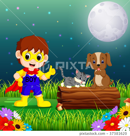 happy super hero boy at night in the park with pet 37381620