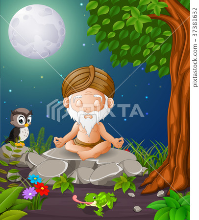 old man meditate while sitting on a big stone old man meditate while sitting on a big stone 37381632