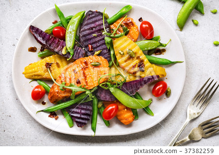 Grilled Sweet Potatoes with Snap pea and Rocket 37382259
