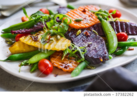 Grilled Sweet Potatoes with Snap pea and Rocket 37382262