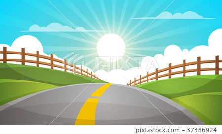 图库插图: cartoon hill landscape. road, travel illustration