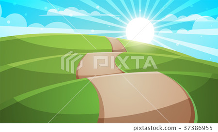 Cartoon hill landscape. Road, travel illustration. Cartoon hill landscape. Road, travel illustration. 37386955