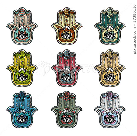 Hamsa hand with ethnic ornament and indian lotus 37390116