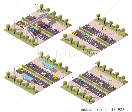 Vector isometric pedestrian crossings set 37392232