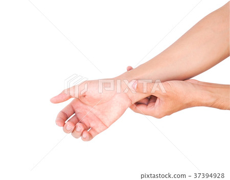 Man hand holding wrist on white background Man hand holding wrist on white background 37394928