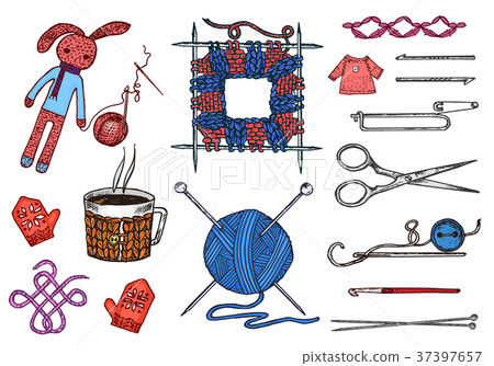 Set tools for knitting or crochet and materials or - Stock Illustration ...