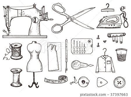 Set of sewing tools and materials or elements for - Stock Illustration ...