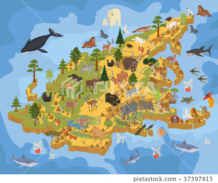 Isometric 3d Asian flora and fauna map  37397915