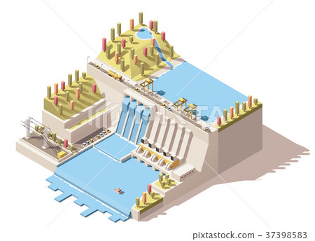 Vector isometric hydro power plant infographic 37398583