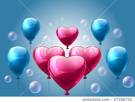 Pink and blue balloons realistic Vector. Heart shape shinny detailed 3d balloons 37398750
