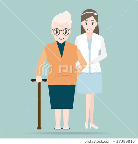 Young woman helps elderly patient icon Young woman helps elderly patient icon 37399816