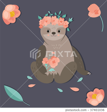 Cute girl sloth with a flower wreath. Cute girl sloth with a flower wreath. 37401036