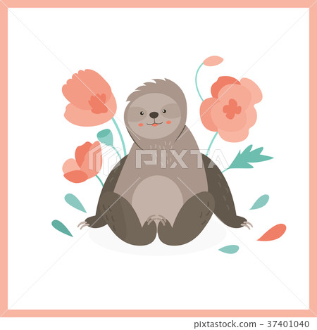 Cute sloth sitting in pink flowers. Cute sloth sitting in pink flowers. 37401040