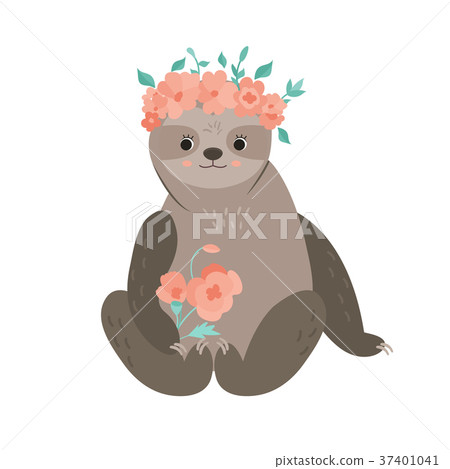 Cute girl sloth with bouquet in a flower wreath Cute girl sloth with bouquet in a flower wreath 37401041