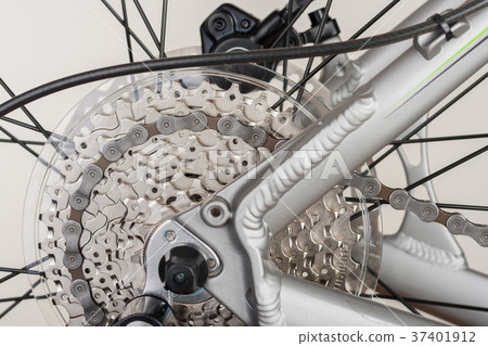 Close up 9-speed cassette on rear wheel of bike Close up 9-speed cassette on rear wheel of bike 37401912