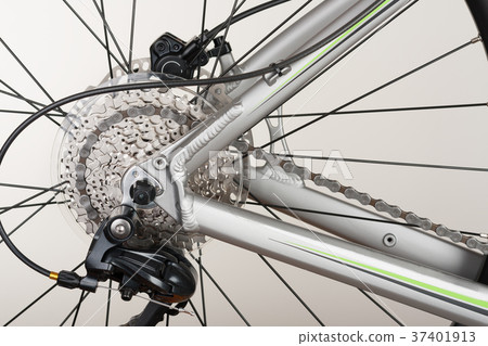 Close up 9-speed cassette on rear wheel of bike 37401913