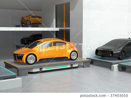 Automatic transfer robot AGV transfers the car to the parking space. Concept image of automatic parking system Automatic transfer robot AGV transfers the car to the parking space. Concept image of automatic parking system 37403058