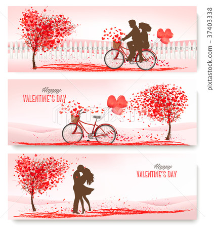 Holiday retro banners. Valentine trees with leaves 37403338
