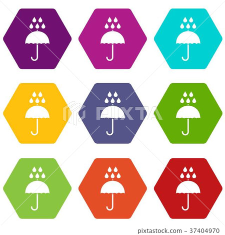 Umbrella and rain drops icon set color hexahedron 37404970