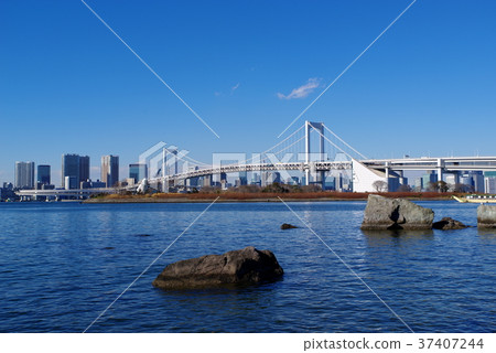在東京灣海表面的岩石的彩虹橋在晴朗的208.01 a 在東京灣海表面的岩石的彩虹橋在晴朗的208.01 a 37407244