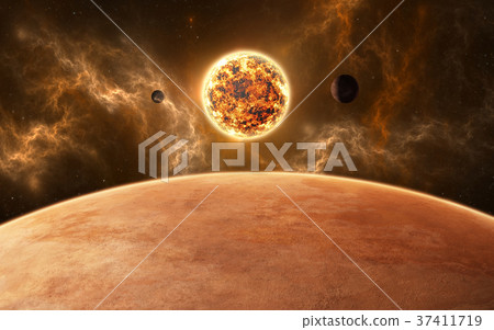Planets around red dwarf star. 37411719