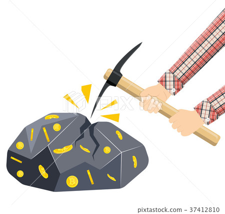 Golden coin with bitcoin sign and pickaxe. 37412810