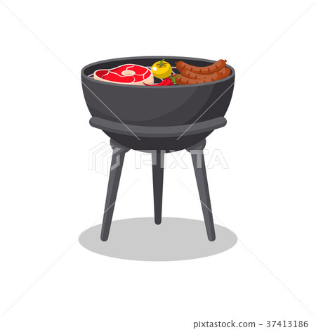 Tripod barbecue grill with food isolated icon 37413186