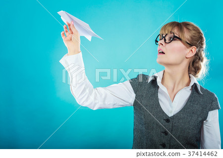 Fly fear. Woman holding airplane in hand. Fly fear. Woman holding airplane in hand. 37414462