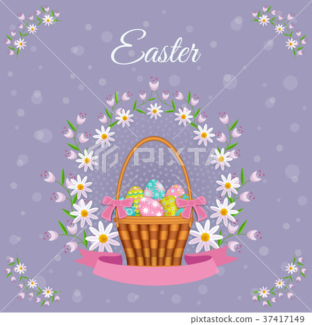 vector easter poster with eggs basket, flowers 37417149