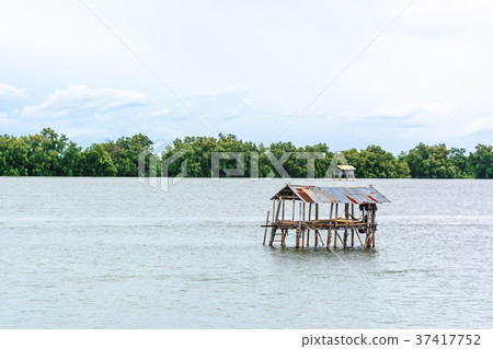 Landscape fishing cottage in sea . Landscape fishing cottage in sea . 37417752