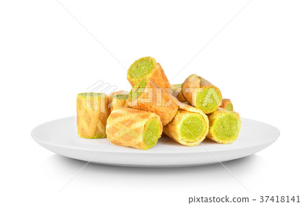 Wafer filling green tea in white plate Wafer filling green tea in white plate 37418141