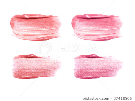 Set of different lip glosses smear isolated on white. Smudged makeup product sample. 37418506
