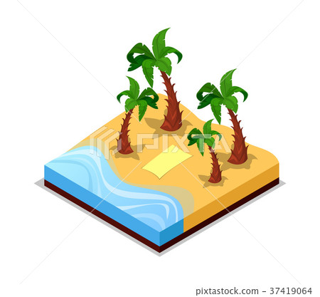 Sandy beach with palm trees isometric 3D icon 37419064