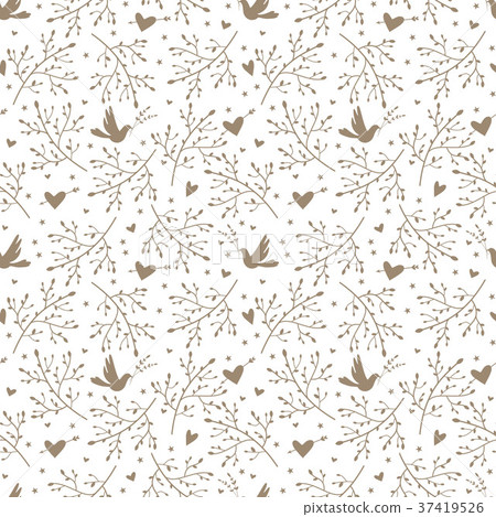 Seamless pattern with birds, branches and hearts 37419526