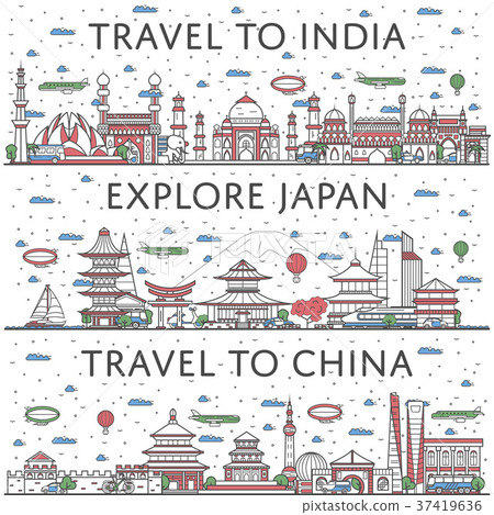 Worldwide traveling posters in linear style 37419636