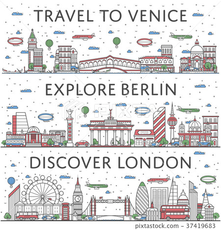 European traveling posters in linear style 37419683