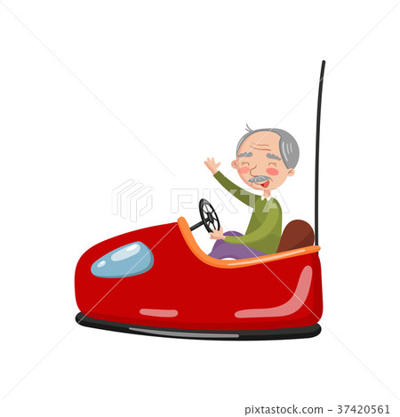 Happy senior man riding electric bumper car or 37420561