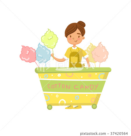 Cotton candy cart with female seller, food kiosk Cotton candy cart with female seller, food kiosk 37420564