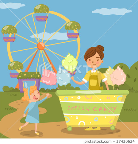 Cute little girl bying cotton candy from street Cute little girl bying cotton candy from street 37420624