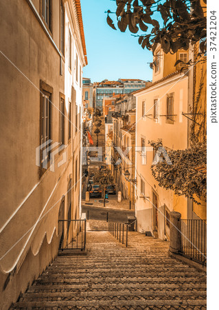 Narrow street of Lisbon "Bairro Alto" district. 37421204
