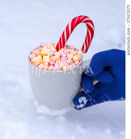 gray mug with hot chocolate and marshmallow 37423073